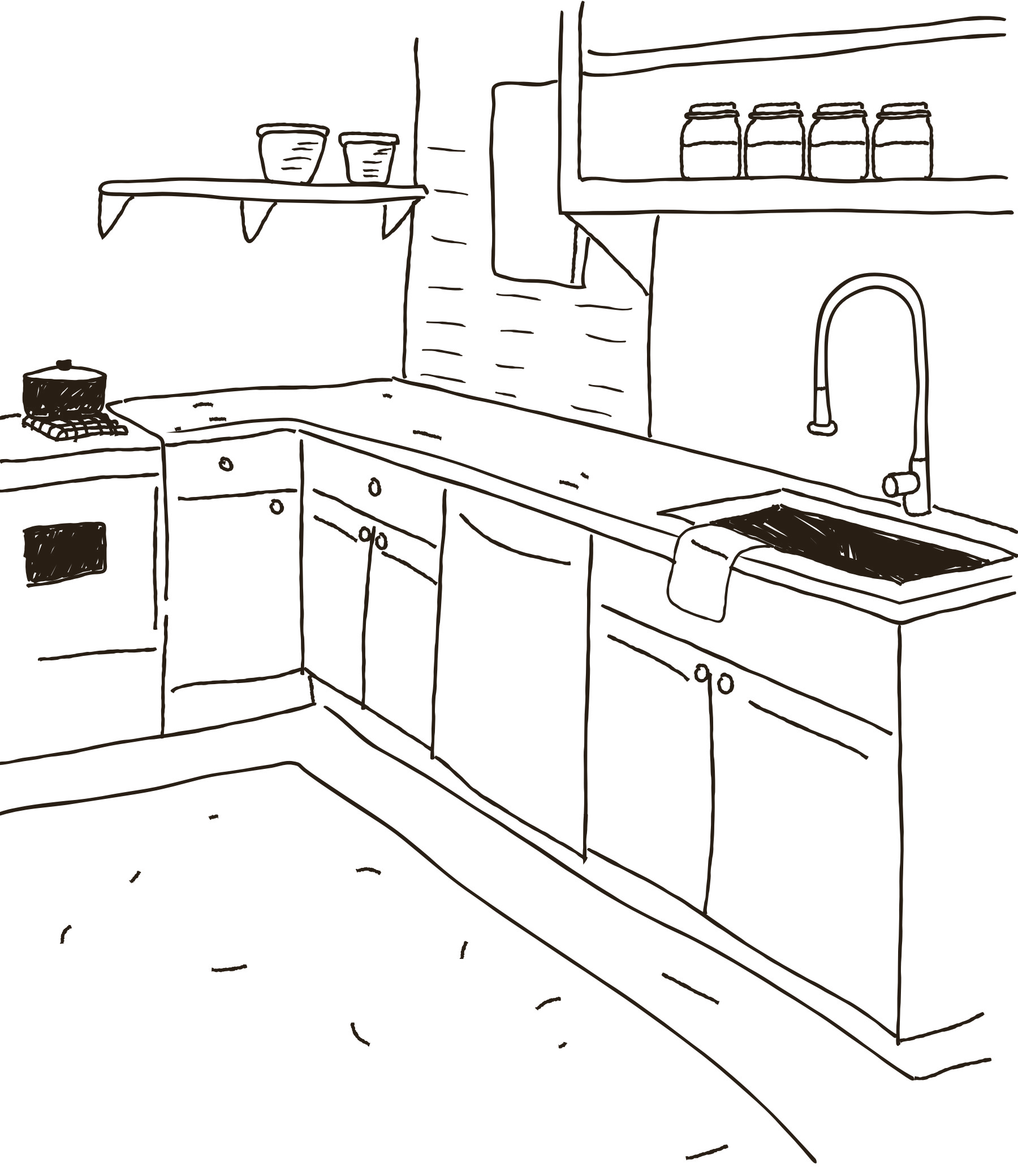 Ilustração de uma cozinha desenhada à mão